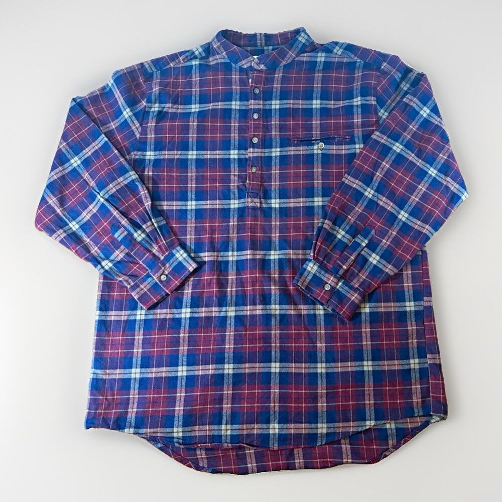 Lee Valley Ireland Flannel Grandfather Shirt Men XXL Red Blue Plaid Band Collar